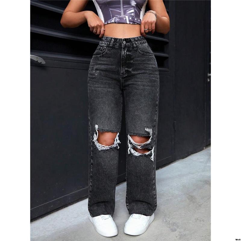 Jeans straight leg ripped washed petite SHEIN