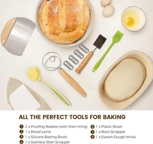 Banneton Bread Proofing Basket - Sourdough Starter Kit Banneton Sourdough Proofing Basket Set of 2, Sourdough Bread Baking Supplies for Making Baking Fermentation (9" Round & 10" Oval, 6 Accessories)