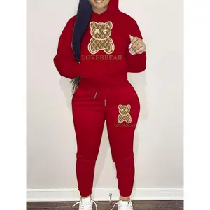 Cartoon Bear Print Two-Piece Set, Drawstring Long Sleeve Hoodie and Sweatpants for Women