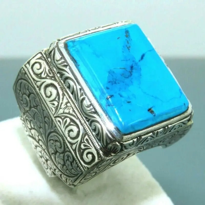 Men's Vintage Business-Style Square Turquoise Costume Ring - Classic Silver, Gunmetal Medieval, Alt Prom, Alternative Style Jewelry for Casual, Party Wear, Medieval Rings, Alt Prom Rings