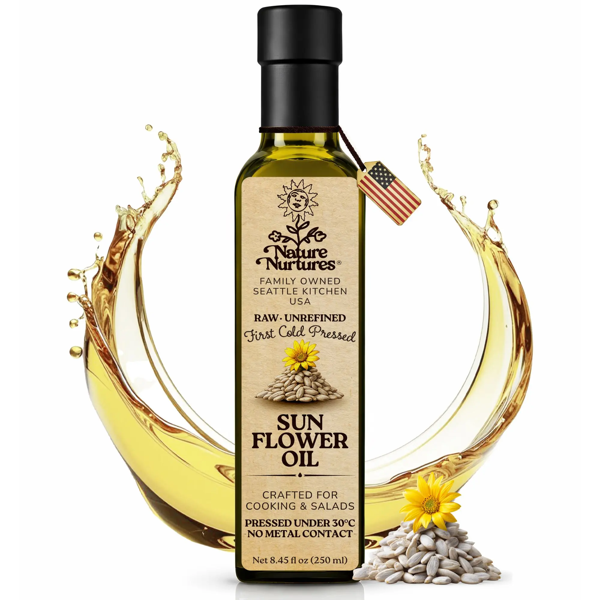 Sunflower Seed Oil for Cooking and Baking · Raw · Unrefined · First Cold-Pressed at Temperatures Below 30°C · Pressed Only Once · Without Metal or Wood Contact · Small Batch · Handcrafted in Seattle USA · 100% Pure & Natural · Also Loved for Skin and Hair