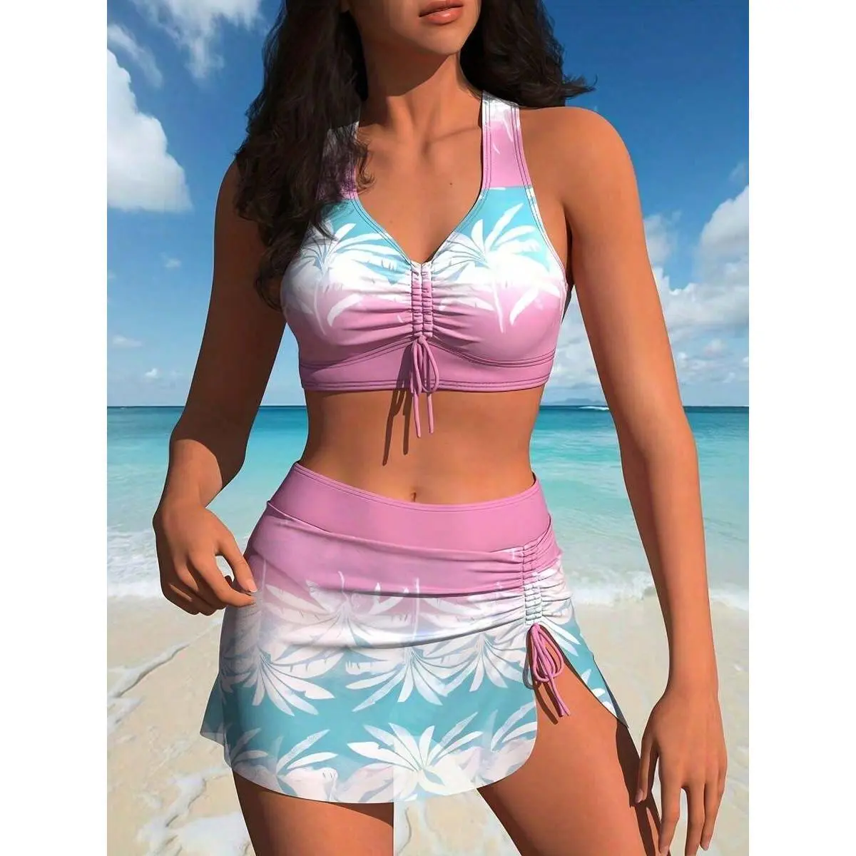 women's2026 New Pink-Blue Gradient Coconut Tree Print 2-Piece Swimsuit, Drawstring V-Neck Skirted Modest Swimwear