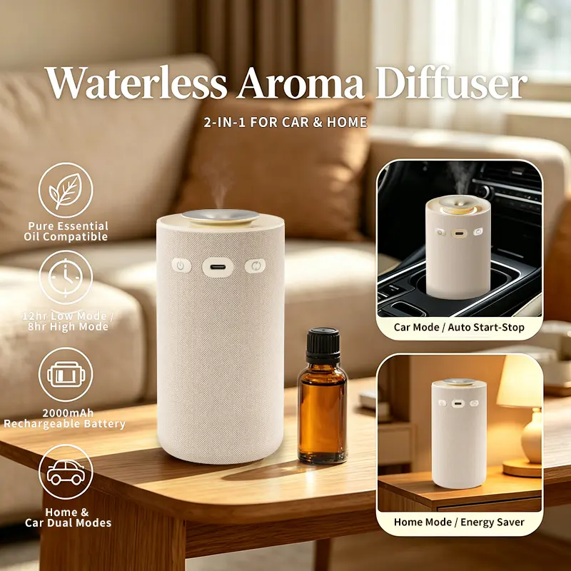 COZYICE Waterless Essential Oil Diffuser, Home & Car fragrance Diffuser, Whisper-Quiet, USB Rechargeable, Fabric-Wrapped, 2 Modes & Ambient Light, Fits 5/10/15ml Oils