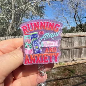 Running on Alani and anxiety cotton candy funny. glitter retractable badge reel or fridge magnet.teacher/student ID-medical badge-nurse-