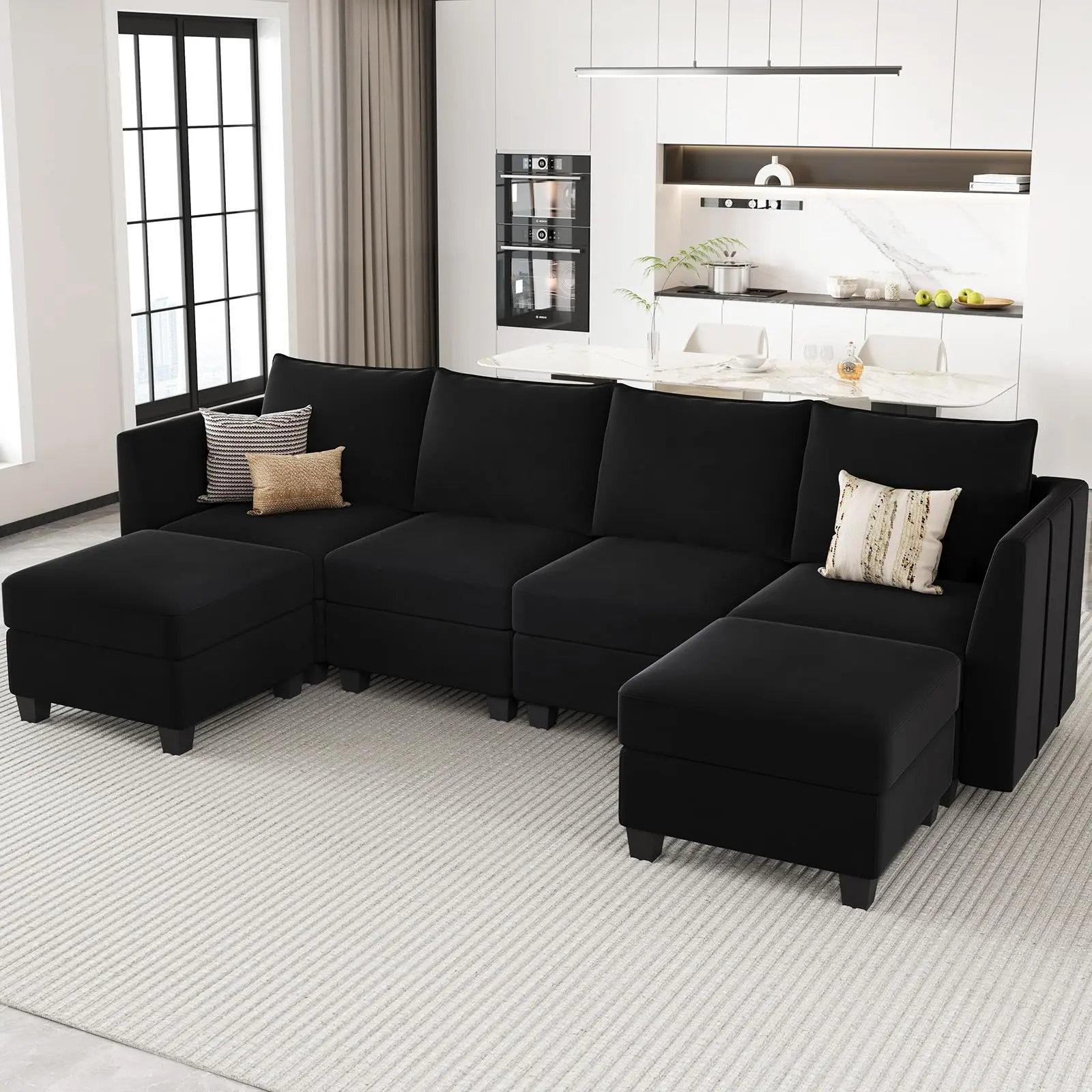 Modular U-Shaped Velvet Fabric Sofa with Storage, Soft Touch, Easy to Clean, Convertible into Sofa Bed for Living Room (Black)