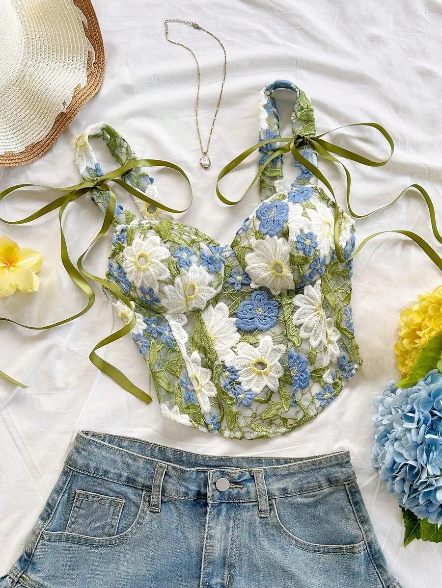 Women's Spaghetti Strap Camisole Top Floral Water-Soluble Lace Bow Cami for Beach Vacation