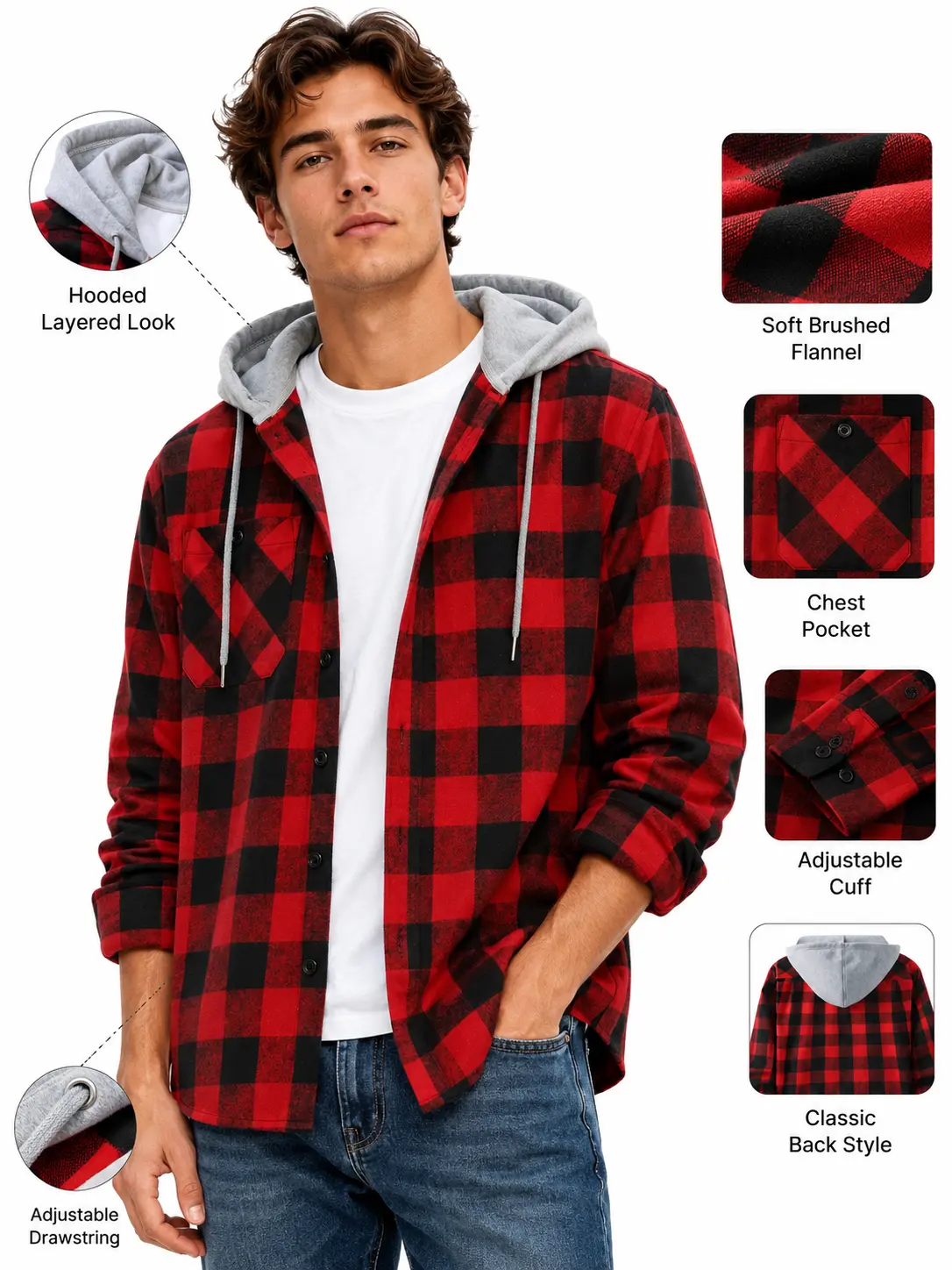 Men's Stylish Oversized Hooded Long-Sleeve Flannel Plaid Shacket - Breathable Menswear Top, Fall Casual Streetwear, Golf-Ready Athletic Layer