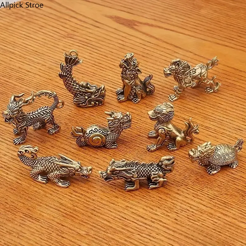 9-Piece Vintage Mythological Dragon Figurine Set Pack, Brass Miniature Chinese Dragon Statues, Collectible Feng Shui Desk Accessory, Desktop Decorative Ornament for Office Use, Home Decor, Plastic, Mythical Dragons