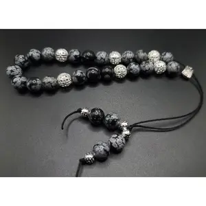 Snowflake Obsidian and Silver Filigree Komboloi - Greek Worry Beads