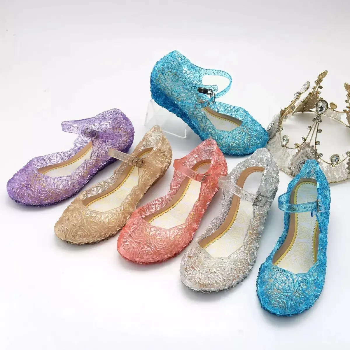 New Summer Sandals Girls Princess Shoes Children PVC Jelly Shoes Cinderella Crystal Shoes Kids Slope Heel Sandals Size:25-37#