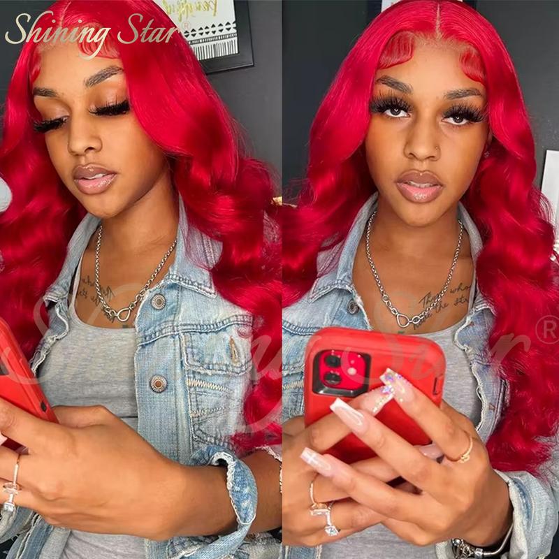 ShiningStar Red Body Wave 13X1 HD Transparent Lace Front Human Hair Wigs for Women Colored Brazilian Deep Part Wig 28INCH