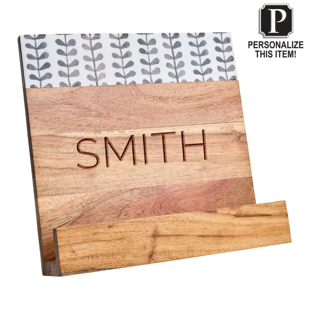 Personalized Acacia Cookbook Holder | Black and White Enamel | 11 X 11"