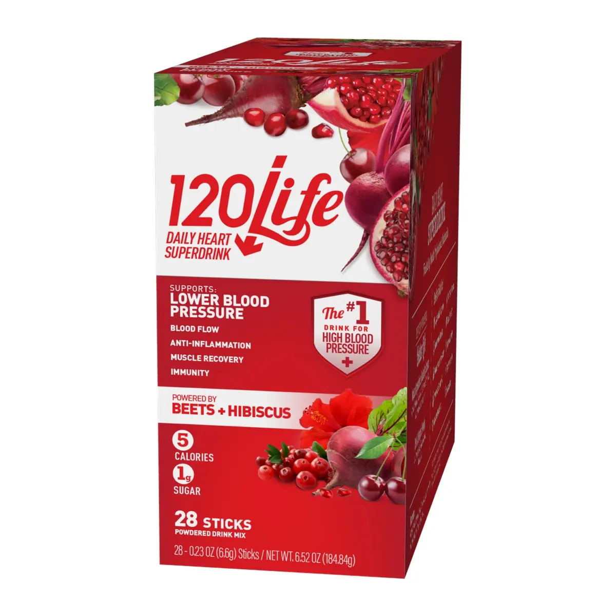 120/Life Blood Pressure Support Drink Mix – 28 Stick Packs with Beetroot, Pomegranate, Cranberry, Tart Cherry & Hibiscus – Sugar-Free, Vegan, Convenient Single-Serve Beverage