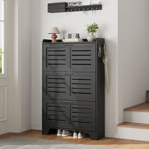 Freestanding Farmhouse Shoe Cabinet – 3 Flip Drawers & 2 Side Hooks – Hidden Slim Narrow Storage Organizer for Entryway