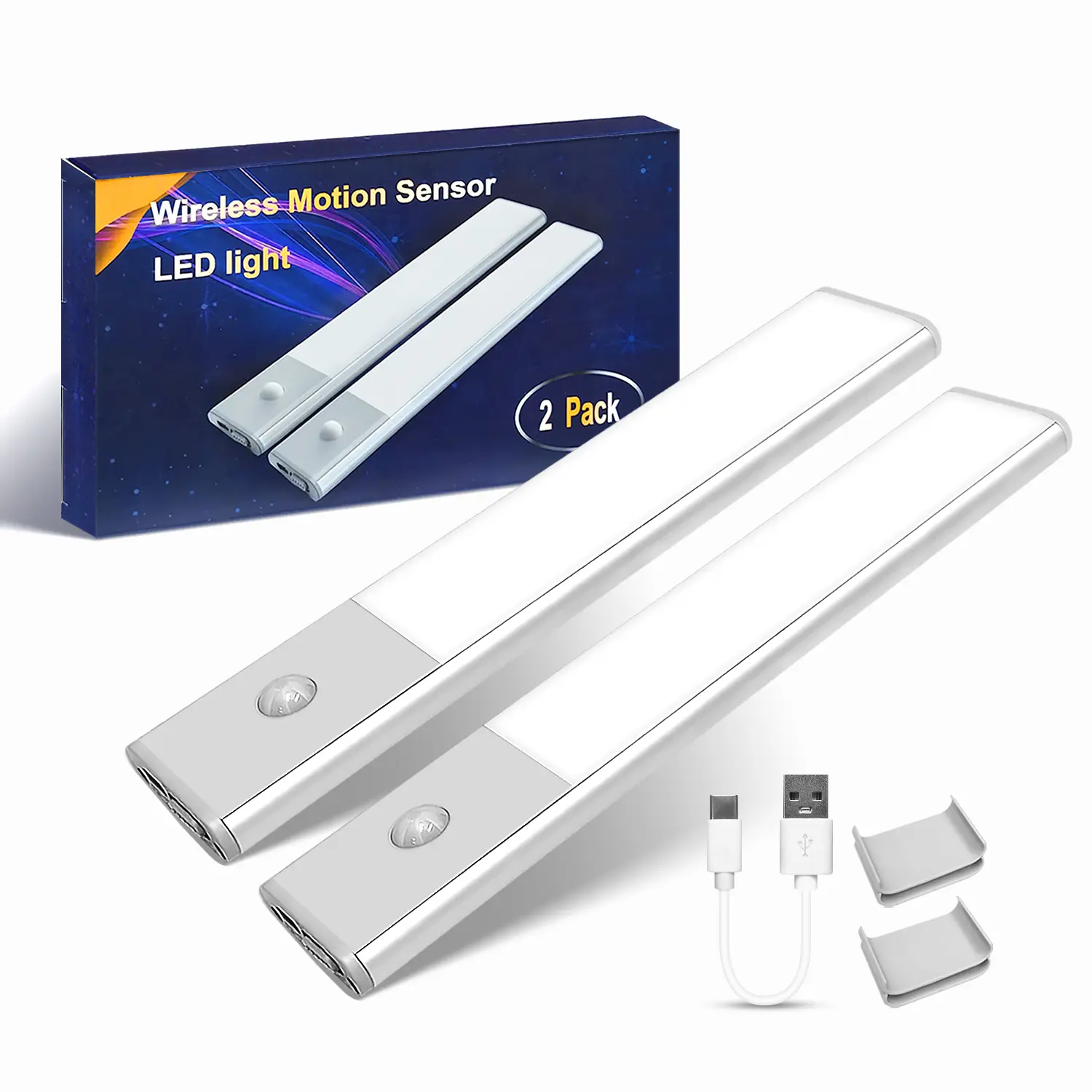 KEXU 2-Pack Rechargeable Motion Sensor Under-Cabinet LED Night Lights, 1100mAh Battery USB-Powered Lamp, 2-Hour Charge for Kitchen Countertop, Basement Indoor Home Improvement Lighting