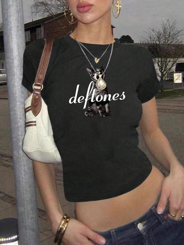 Women's Cat & Deftones Print Round Neck Tee, Y2K Style Tight-fitting Short Sleeve T-shirt for Daily Wear, Ladies Summer Outfit, Top