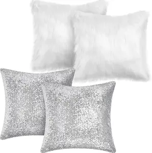 4 Pcs Sequin and Fluffy Pillow Covers Silver White Winter Throw Cases Soft Cushion Cover for Couch Bed Sofa 18 x 18 Inch