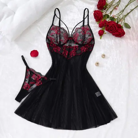 Floral Lace Chemise Set Babydoll Nightgown with G-String, Black Sheer Mesh with Red Rose Appliqués, Adjustable Spaghetti Straps, Ultra-Thin Polyester Lace 81-100 GSM, Romantic Loungewear Nightwear