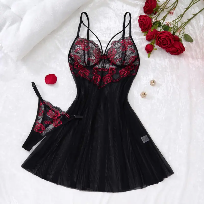 Floral Lace Chemise Set Babydoll Nightgown with G-String, Black Sheer Mesh with Red Rose Appliqués, Adjustable Spaghetti Straps, Ultra-Thin Polyester Lace 81-100 GSM, Romantic Loungewear Nightwear
