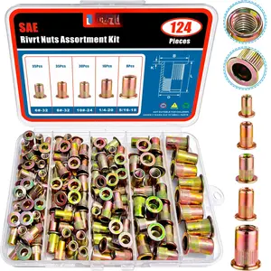 124 count SAE UNC Rivet Nut Assortment Kit, Zinc Plated Carbon Steel Rivnut Threaded Inserts Assortment Set Nutserts, Sizes 6-32 8-32 10-24 1/4"-20 5/16"-18