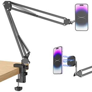Phone Holder Mount for Bed, Magsafe Flexible Arm Overhead Desk Phone Mount Stand, Adjustable Bedside Laying Down Tablet Mount for /Android,  Ring Included