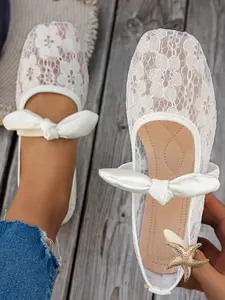French Gentle Style Mary Jane Flat Shoes, Ballerina Flats, Lace Embroidery Ballet Square Toe, Casual Daily Wear for Women, All Seasons