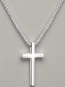 Unisex Stainless Steel Cross Pendant Necklace, Unique Chain Print Detail, Fashionable Daily Commute Jewelry, Easter Boy Accessory, No Choking Hazard, All Seasons