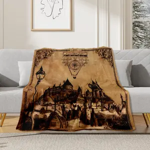 Vintage Hogwarts Castle Pattern Blanket, 1 Count Soft Comfortable Warm Throw, Cool Bedroom Bedding Blankets for Home Office Travel Dormitory Camping