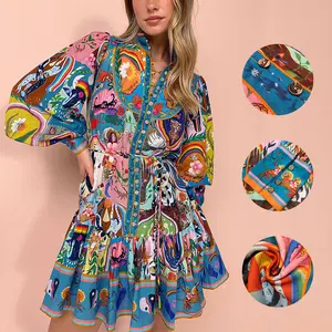 Women's Colorful Collage Print Dress Bohemian Style Collared Puff Sleeve with Belted Waist