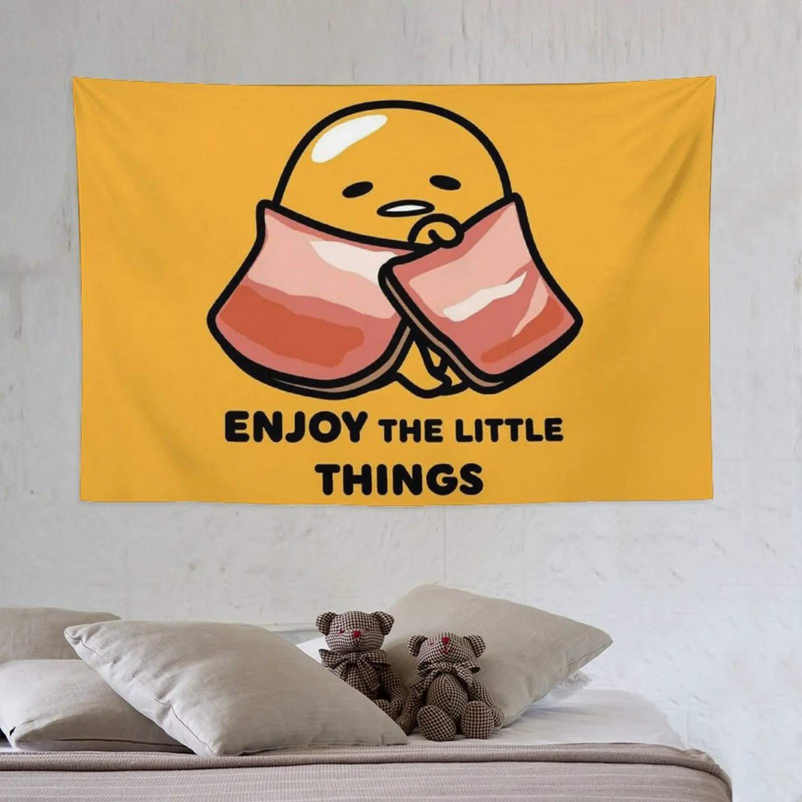 Sanrio Gudetama Tapestry Wall Hanging - Cute Cartoon Egg Design with "Enjoy the Little Things" Quote, Vibrant Yellow & Pink Fabric for Dorm, Living Room, Bedroom & Party Decor, Funny Room Decor, Dorm Room Accessory, Playful Home Accessory
