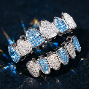 Hip Hop Teeth Grillz Set with Shiny Blue & White Stones, Silvery Tone Top & Bottom, Removable Moldable Design, Perfect for Parties, Cosplay & Streetwear, Makes You Stand Out with This Bold, Eye-catching Look