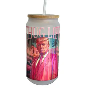 160z Cute TRUMP thug life viral Glass Can Cup with Lid and Straw, Gifts for friends, best friend gift, Christmas gift ideas, iced coffee glass Drinkware Borosilicate Silicone Thick Bamboo Tumblers Mug Bottles