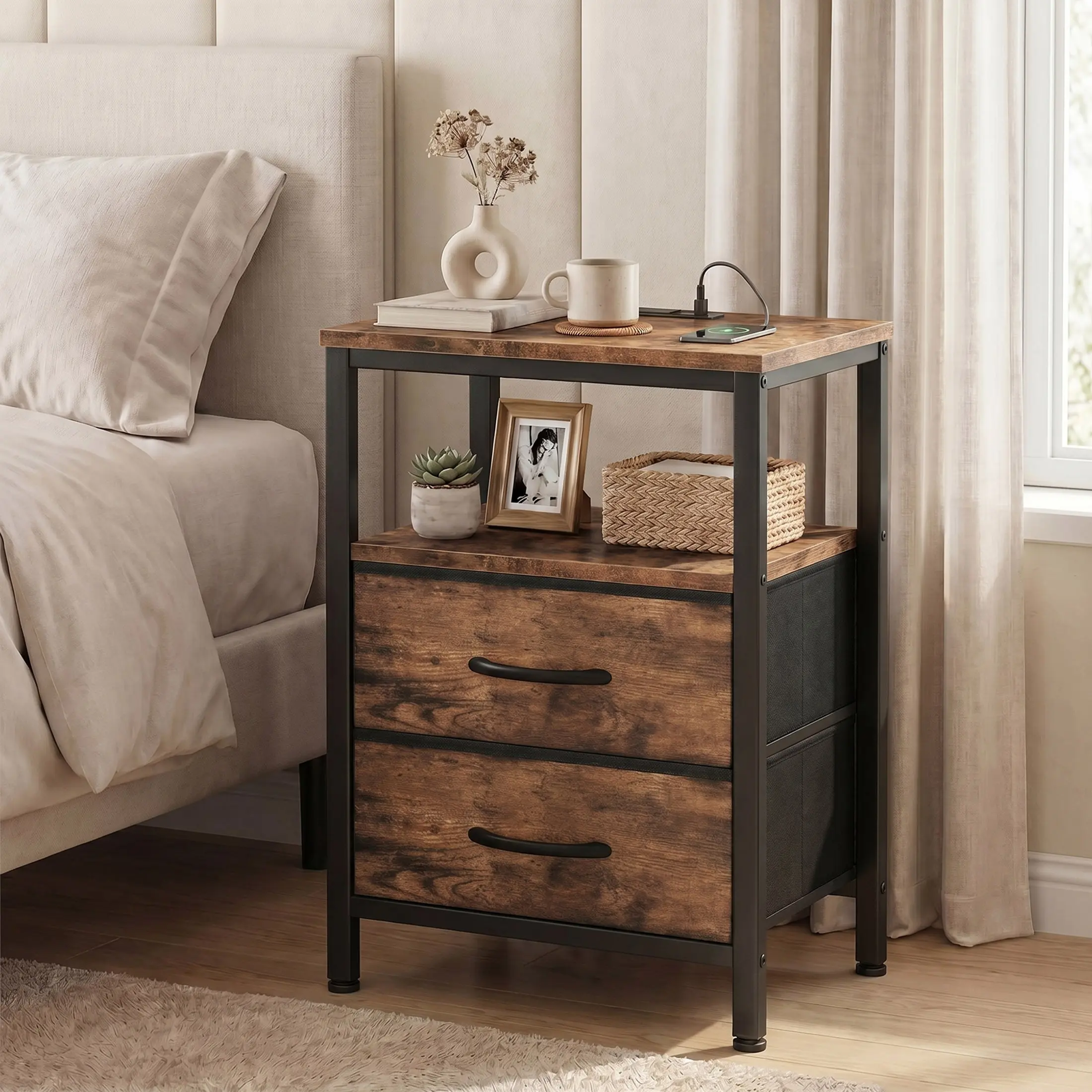Nightstand with Charging Station - 3-Tier End Table with 2 Fabric Drawers, USB Ports & AC Outlets, Rustic Wood Bedside Table with Storage Shelf
