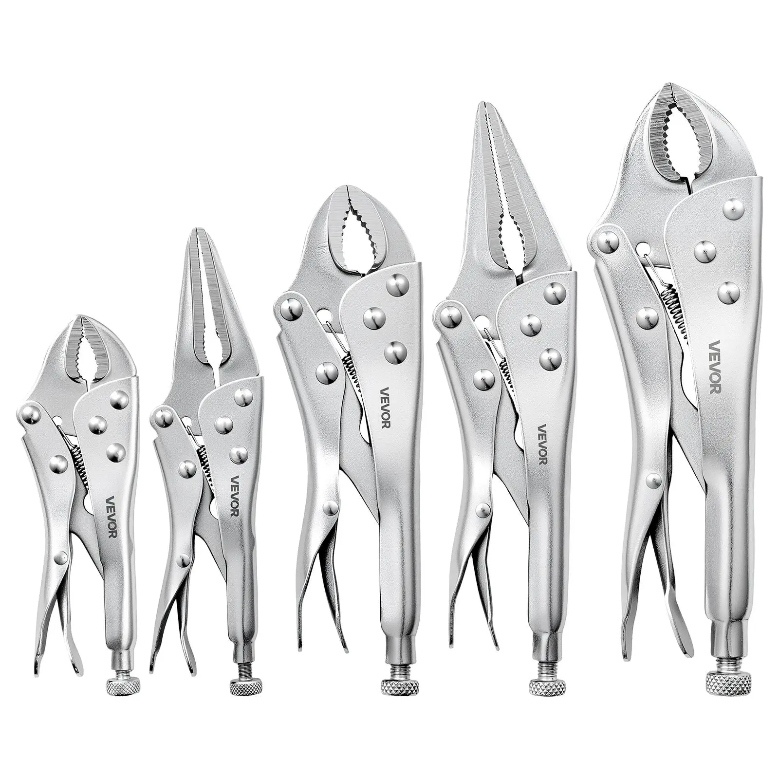 VEVOR 5-Piece Self Locking Pliers Tool Kit, Nickel-Plated Carbon Steel Durable Pliers & Pincers, Anti-Skid Ergonomic Handles, Adjustable Jaws (5"/7"/10" Curved Jaw, 6.5"/9" Long Nose) for DIY & Home Use