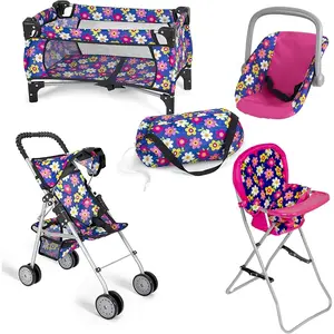 fash n kolor 4 Piece Baby Doll Play Set Flower Design Includes - Foldable Pack N Play, Baby Doll Stroller, Baby Doll High Chair, Infant Seat, Fits Up to 18'' Doll 4 Piece Doll Accessories Set