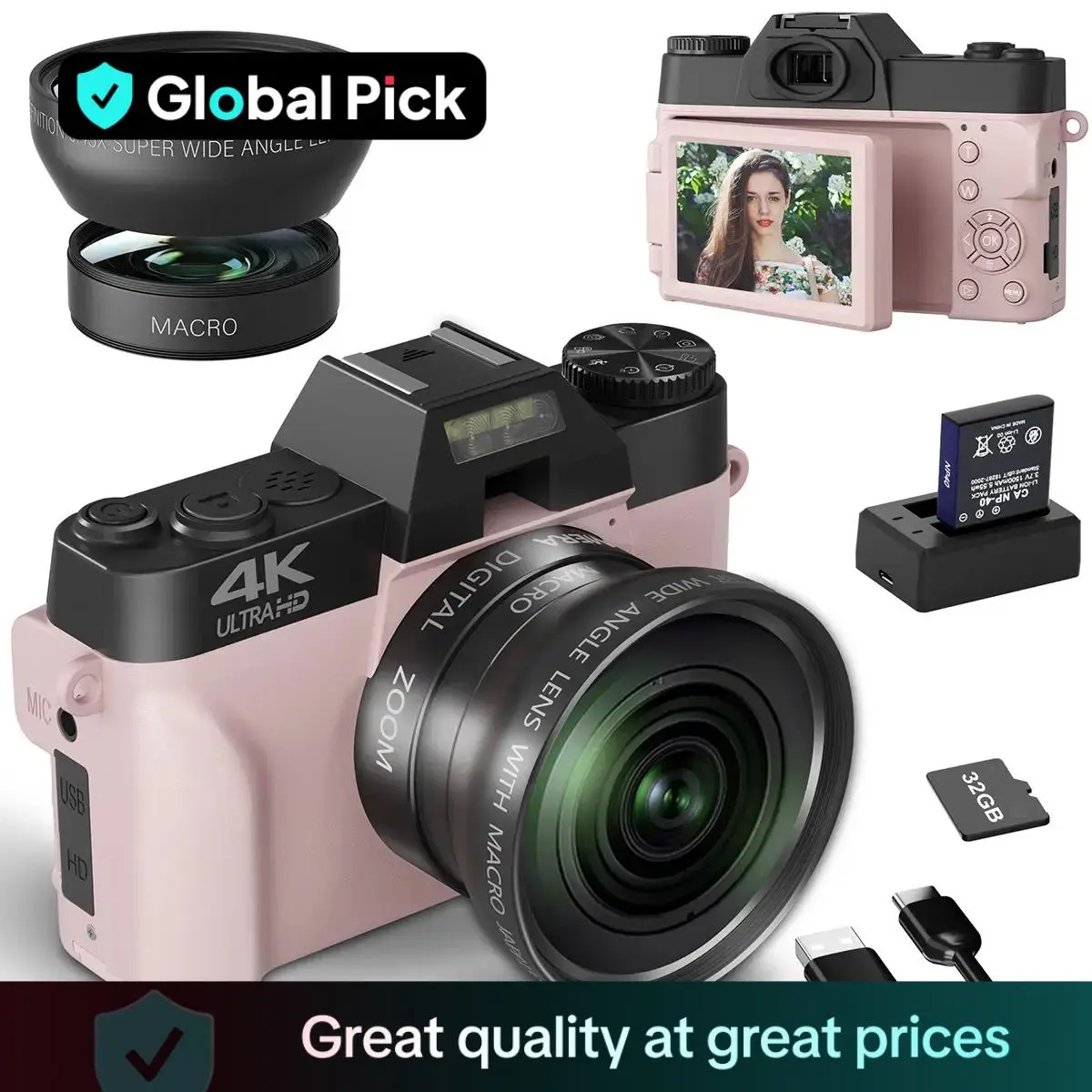 Global Pick 4K Digital Camera, 56MP Camera for Photography with Autofocus & 180° Flip Screen, Wide Angle & Macro Lens, USB Rechargeable Camera for Vlo