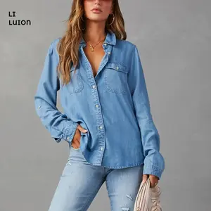 Denim Shirt Women Button Up Western Shirt Trendy Long Sleeve Collared Jean Jacket Womens Business Casual Blouses