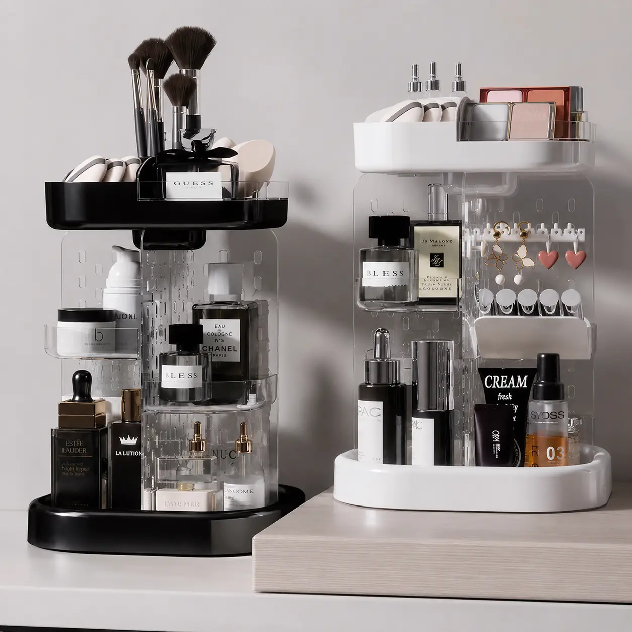 Desktop cosmetic storage box for lipstick and powder puffs, large-capacity organizer for perfumes and skincare products, with a makeup brush holder