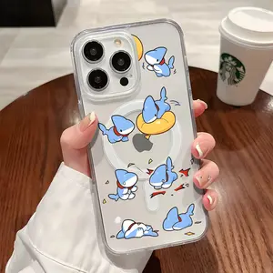 Cute Shark Pattern Magnetic Clear Compatible with MagSafe Shockproof Protective Luxury Phone Case Cover for iPhone X Xsmax 11 12 13 14 15 16 Pro Max
