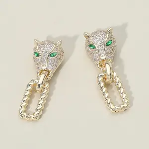 14K Paved Leopard Panther Twisted Open Rectangle Drop Earrings with CZ Cubic Zirconia Gold Dipped for Bold Statement Jewelry