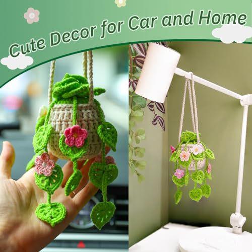 Handmade Crocheted Plant Car Pendant, Cute Knitted Hanging Basket Flower Doll, Rearview Mirror Hanging Ornament, Boho Car Interior Decor Accessories for Women