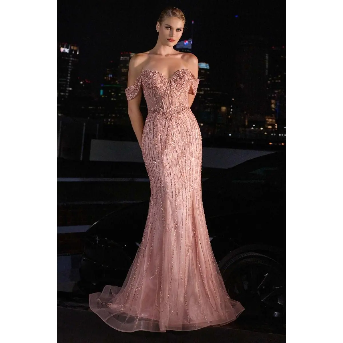 Cinderella Divine -CC341 Off The Shoulder Sweetheart Neck Sequin & bead Dress