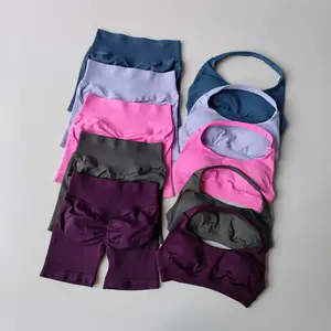 2026-2Pcs Impact Shorts Set Seamless Yoga Set Workout Scrunch Shorts Sets Halter Sports Bra Scrunch Shorts Fitness Clothes Gym set Suit Indoor sports for all seasons Backless Tank Top and Seamless Shorts Sportswear