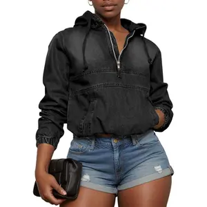 2026 Women's Half Zip Denim Hoodie Pullover Jackets Jean Tops
