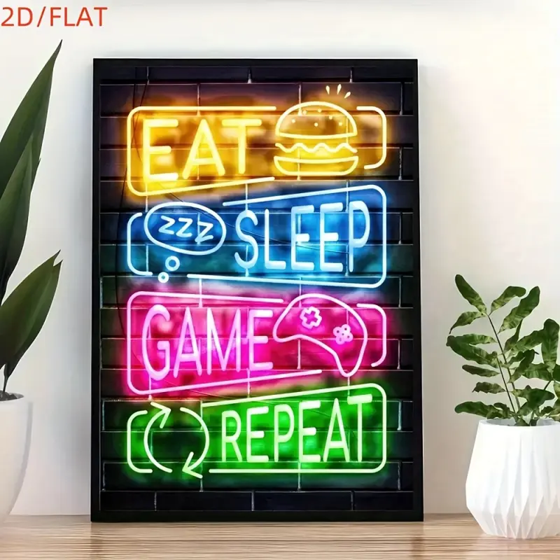 Player Life Neon Poster - Eat Sleep Game Repeat with Controller Icon Canvas Wall Art - Retro Arcade Decoration, Neon Pink and Green Tone - Framed Artwork, Suitable for Game Room, Home Office, Living Room - Perfect Gift for E-Sports Enthusiasts, Bold Graph