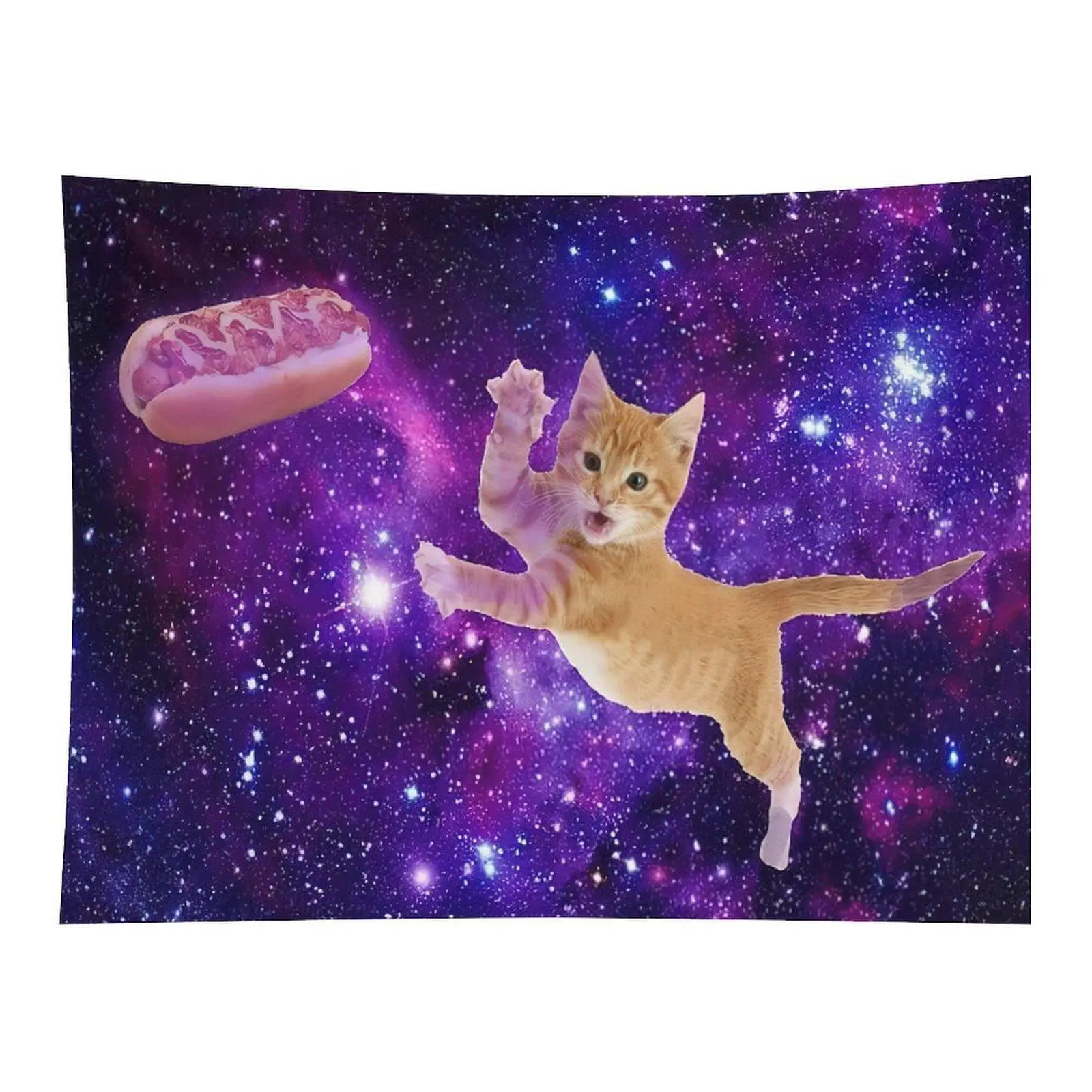 Space Cat Hot Dog Tapestry Funny Galaxy Wall Hanging, Meme Kitten Cosmic Tapestry for Bedroom Dorm Decor