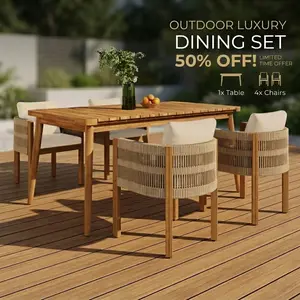 Acacia Wood Outdoor Dining Set 4-Piece Patio Furniture Set with 4 Chairs Washable Waterproof Cushions Slatted Tabletop for Backyard Garden Deck Porch Beige Outdoor Dining Furniture