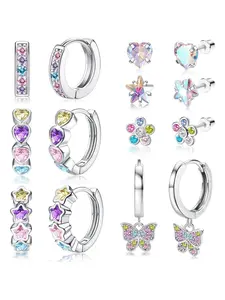 7 Pairs Hypoallergenic Silver Huggie Hoop Earrings for Girls Women Small Surgical Steel Screwback Earrings Cute Dangling Earrings Pink Colorful CZ Screw Back Stud Earrings Set for Sensitive Ears(over 3 years old)