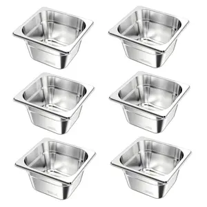 1/6 Size Hotel Pans Steam Table Pans 4 Inch Deep Stainless Steel 6 Pack For Catering And Foodservice - Durable 18/8 Stainless Construction, Rimmed, Stackable, Bain-Marie Compatible, Ideal For Steam Tables And Buffet Service