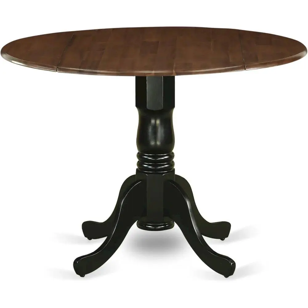 Round Table, Two Drop Leaves, Walnut & Black Finish, Solid Wood, 42-Inch